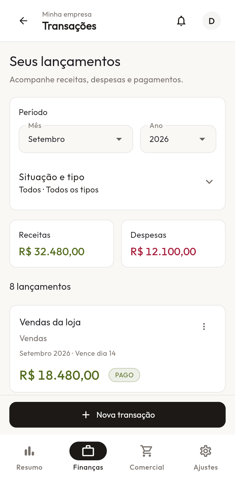 Lançamentos financeiros no MyPila, com valores e vencimentos demonstrativos.